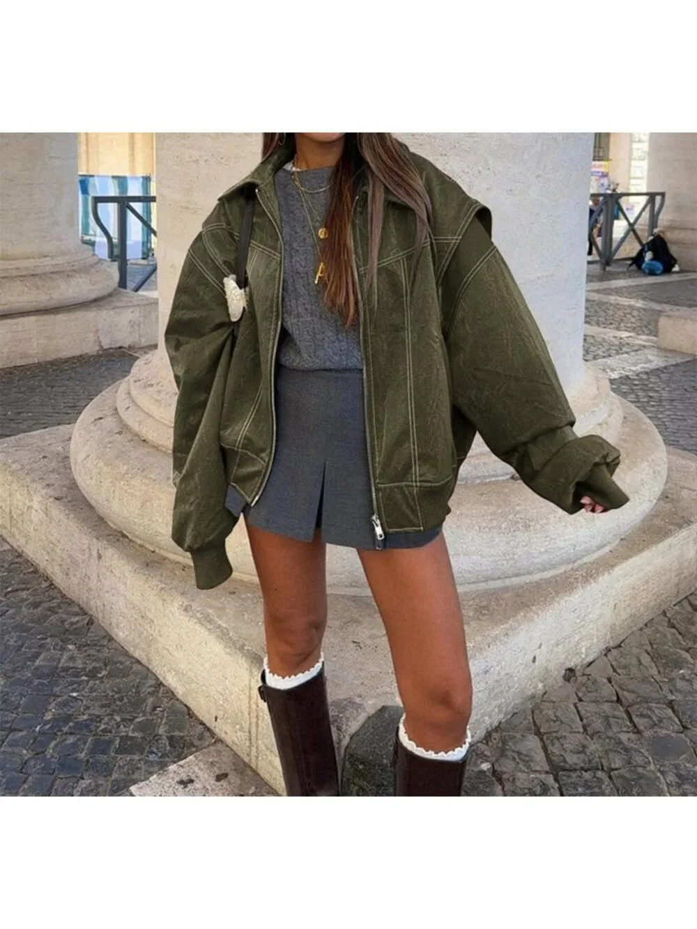 Women's Green Faux Leather Motorcycle Jacket Oversized Zip Up Loose Winter Coat